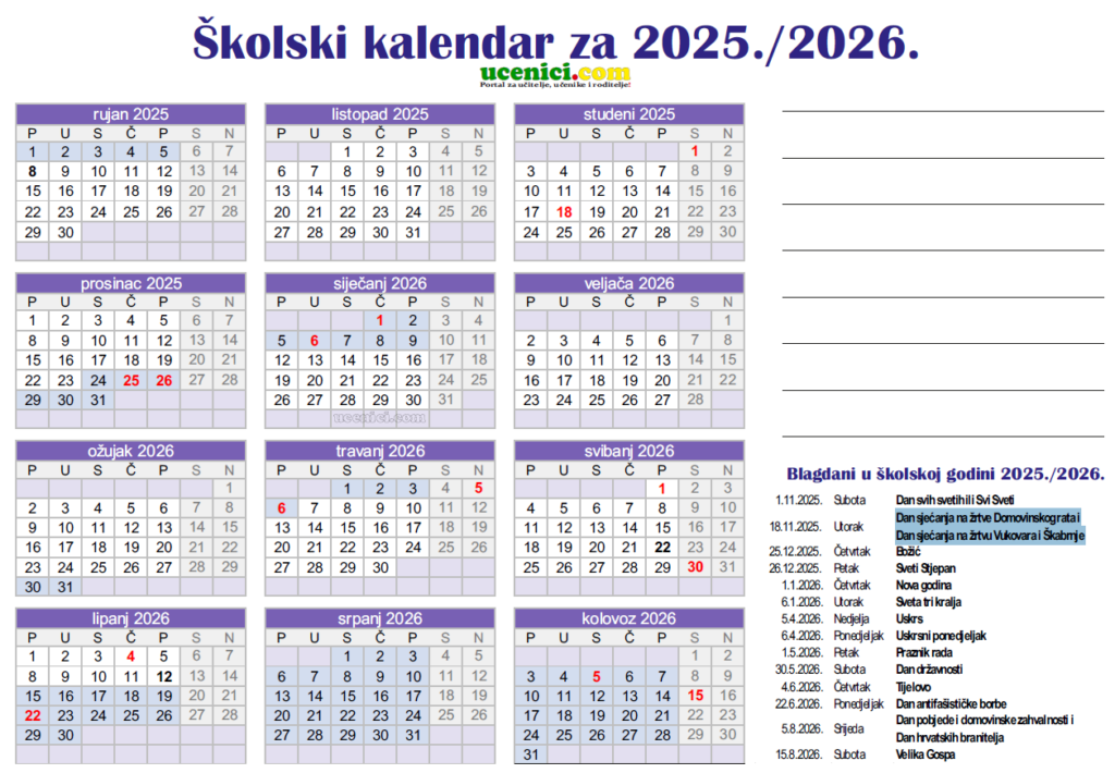 Školski kalendar 2025./26.